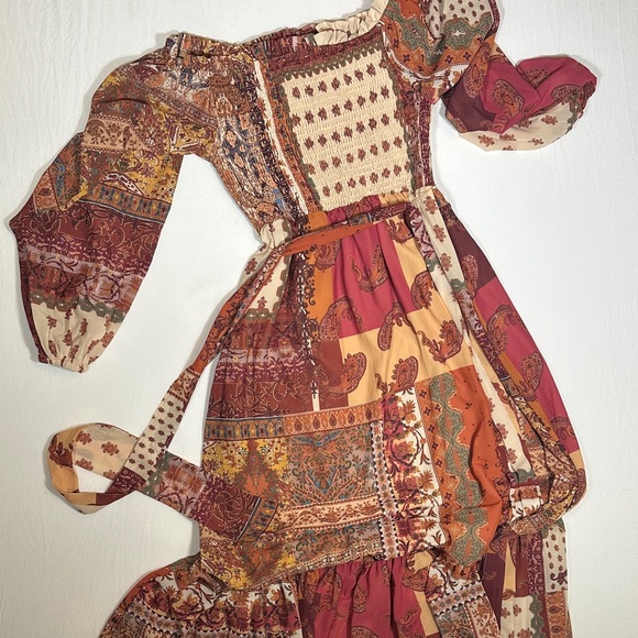 Boho Flowing Cottagecore Patchwork Maxi Dress in Cream, Rust & Gold - Picture 4 of 8